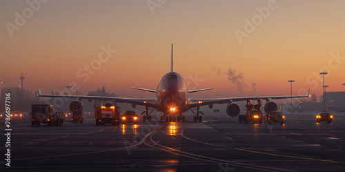 Airport runway scene with an airliner, vehicles, and infrastructure under vibrant hues of sunset. Sunset silhouette of airplane on runway, surrounded by airport vehicles against an orange sky backdrop