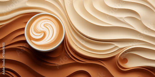 Coffee background, a cup of coffee with latte art against a background of soft waves in brown tones, top view	
