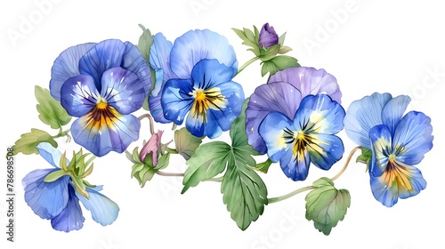 Bouquet of the blue garden tricolor pansy flower  Viola tricolor  viola arvensis  heartsease  violet  kiss-me-quick  Hand drawn botanical watercolor painting illustration isolated on white background 