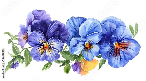 Bouquet of the blue garden tricolor pansy flower  Viola tricolor  viola arvensis  heartsease  violet  kiss-me-quick  Hand drawn botanical watercolor painting illustration isolated on white background 