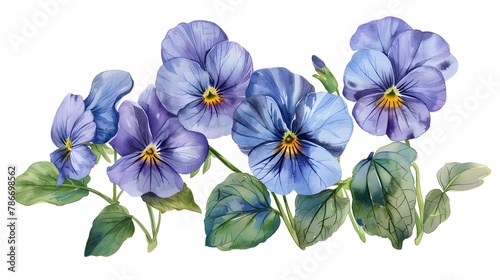 Bouquet of the blue garden tricolor pansy flower (Viola tricolor, viola arvensis, heartsease, violet, kiss-me-quick) Hand drawn botanical watercolor painting illustration isolated on white background
 photo