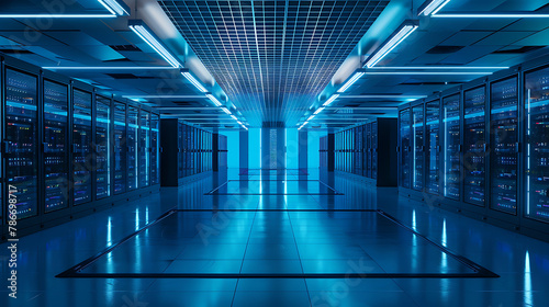 The image showcases a data center, a specialized room designed to house computer servers and related equipment. Multiple server racks are neatly aligned in rows within the data center. photo