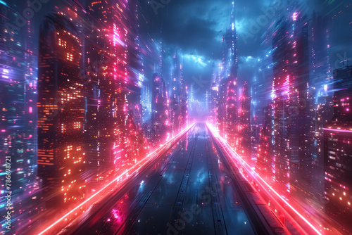 futuristic cityscape with glowing neon lights and elevated train tracks photo