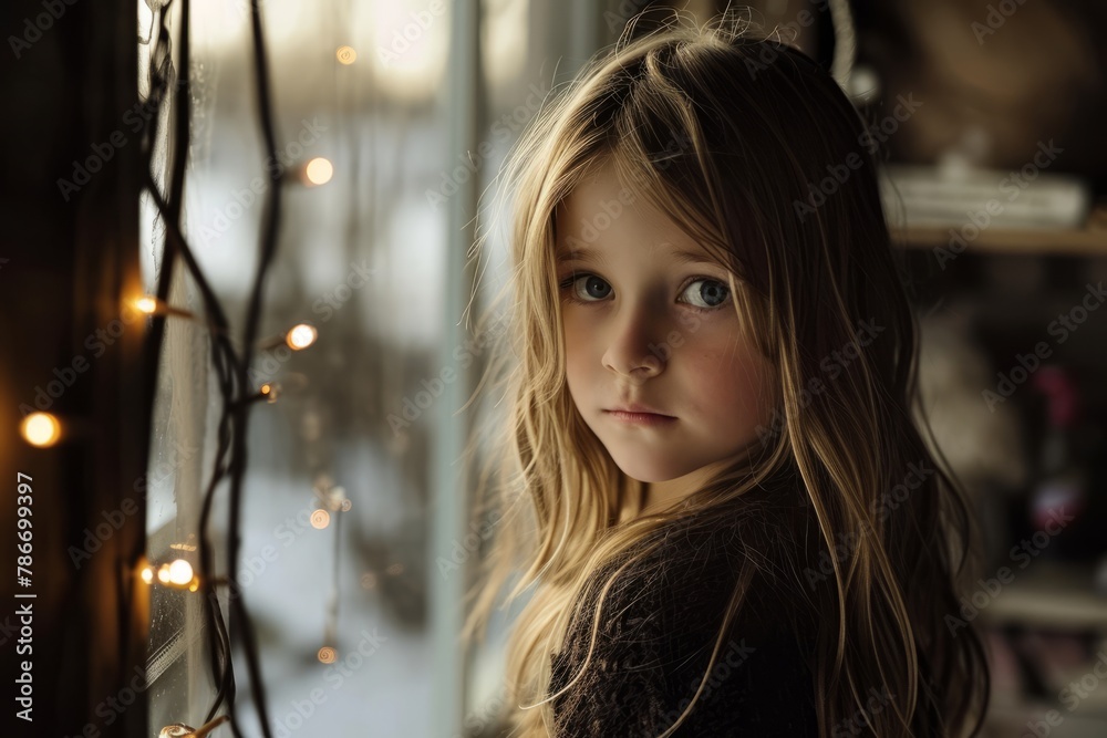 Portrait of a cute little girl with long hair in a cozy room.