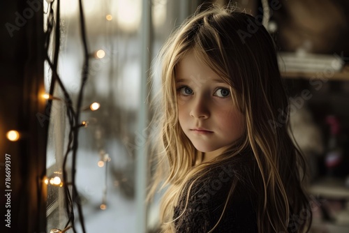 Portrait of a cute little girl with long hair in a cozy room. © Igor