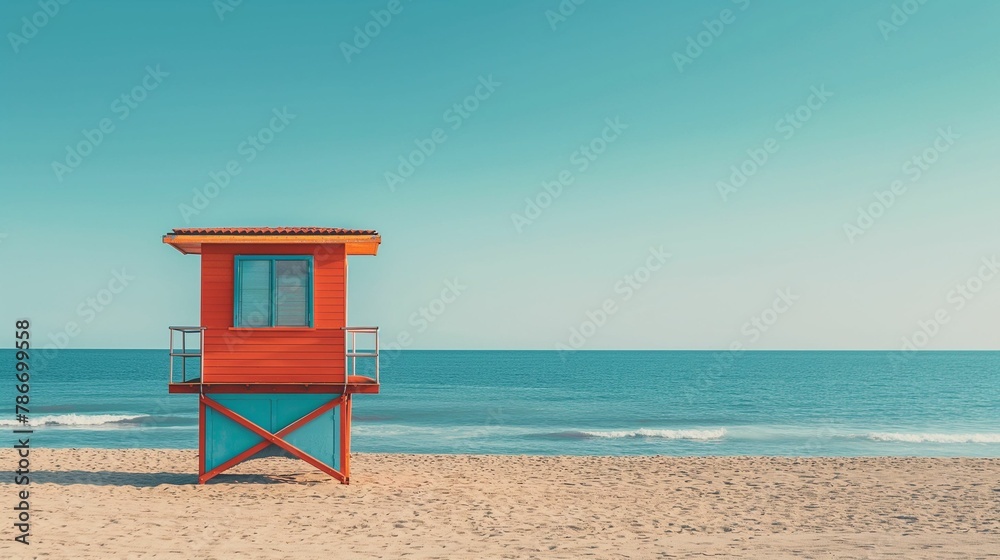 Image of lifeguard hut standing sentinel on the sandy shores of the beach.