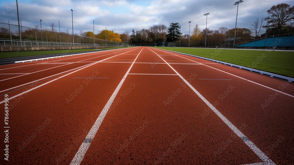 Image of an empty red running track with white lane markings, surrounded by trees and a cloudy sky.