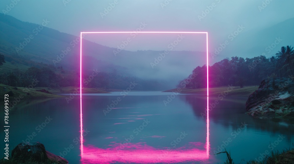 Image of landscape framed by a neon pink rectangle, vibrant glow reflecting on the tranquil waters.
