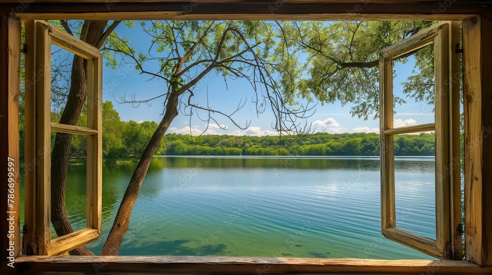 Clear blue lake seen through an open wooden window frame on a sunny day with green foliage..