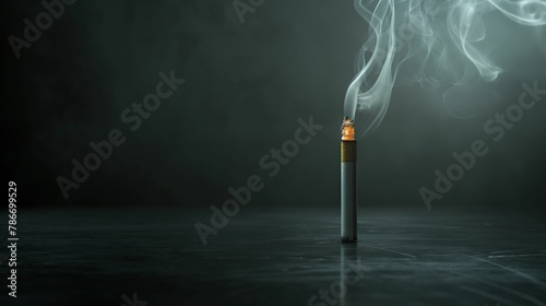 A single cigarette stands burning with wisps of smoke curling upwards, against a dark and moody backdrop..