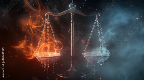 A conceptual image of the scales of justice with one side frozen and the other ablaze, symbolizing balance and extremes..