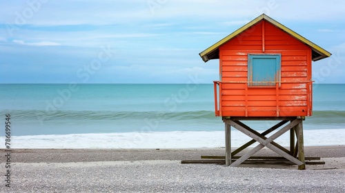 Image of lifeguard hut standing sentinel on the sandy shores of the beach. © kept