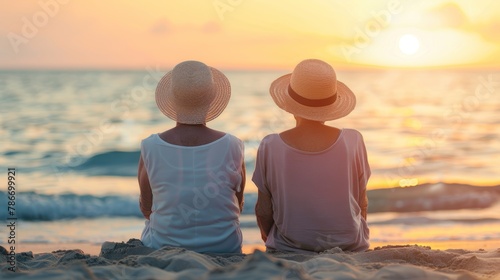 Senior women in straw hats sitting on beach at sunset, summer travel outdoor concept photo