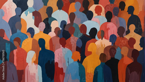 A painting of a diverse crowd of people. Diversity, equity, inclusion and belonging. DEI. Faceless crowd. Lost in the crowd. Abstract shapes