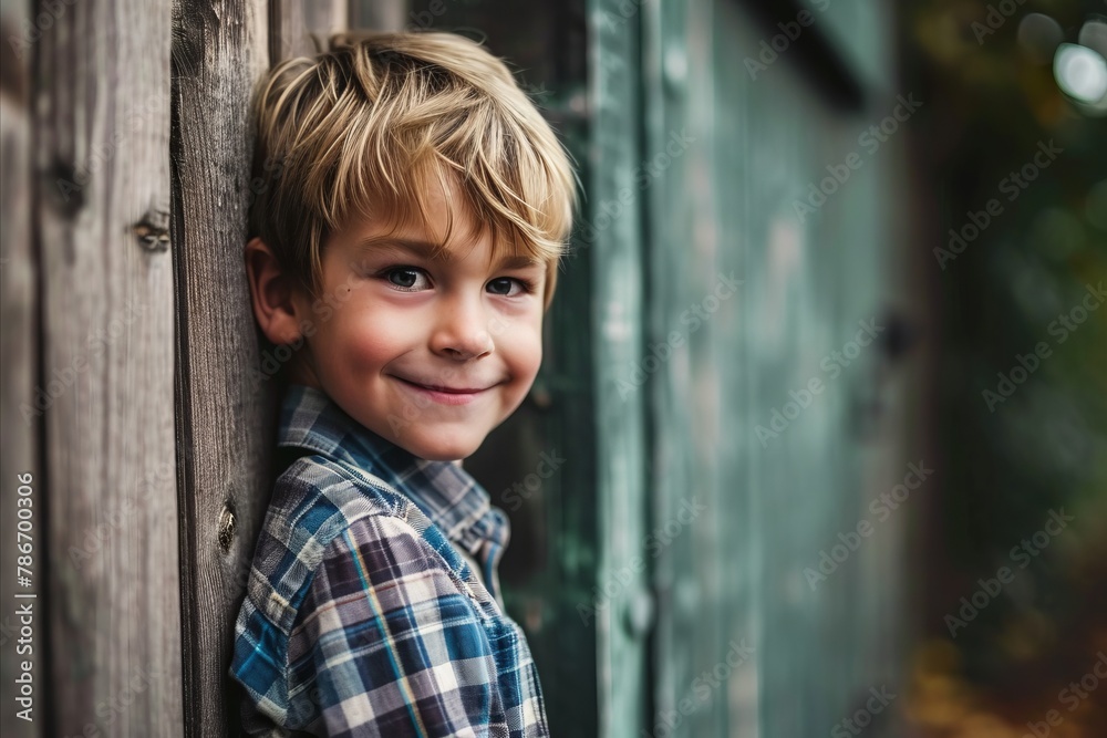 Portrait of a smiling little boy standing in front of a wooden door