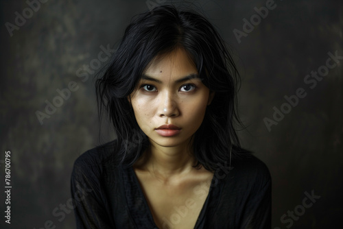 Studio portrait of an Indonesian woman with mid-length black hair. She is looking directly at the viewing with an expression of determination