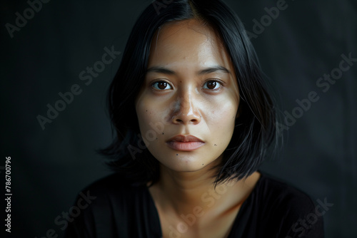 Studio portrait of an Indonesian woman with mid-length black hair. She is looking directly at the viewing with an expression of determination photo