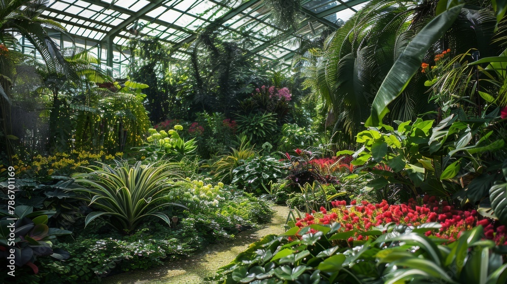 Fototapeta premium Lush Greenhouse Garden Full of Vibrant Tropical Plants