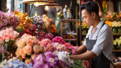 Florist Arranging Colorful Bouquets in Flower Shop