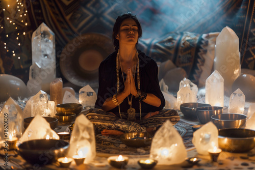A captivating photograph of a person in meditation, surrounded by spiritual attributes like crystals or Tibetan singing bowls, portrayed in a dreamy style that conveys inner peace photo