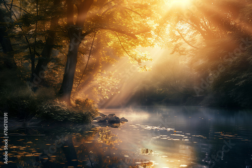 A serene photograph of a tranquil natural setting, with elements like trees, water, and sunlight evoking a sense of spiritual connection and harmony, portrayed in a dreamy style. © forenna