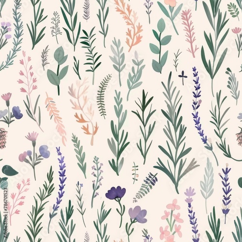 Charming Botanical Watercolor Pattern Featuring Delicate Florals and Foliage