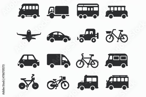 Transport icon set. Containing car, bike, plane, train, bicycle, motorbike, bus and scooter icons. Solid icon collection. vector icon, white background, black colour icon