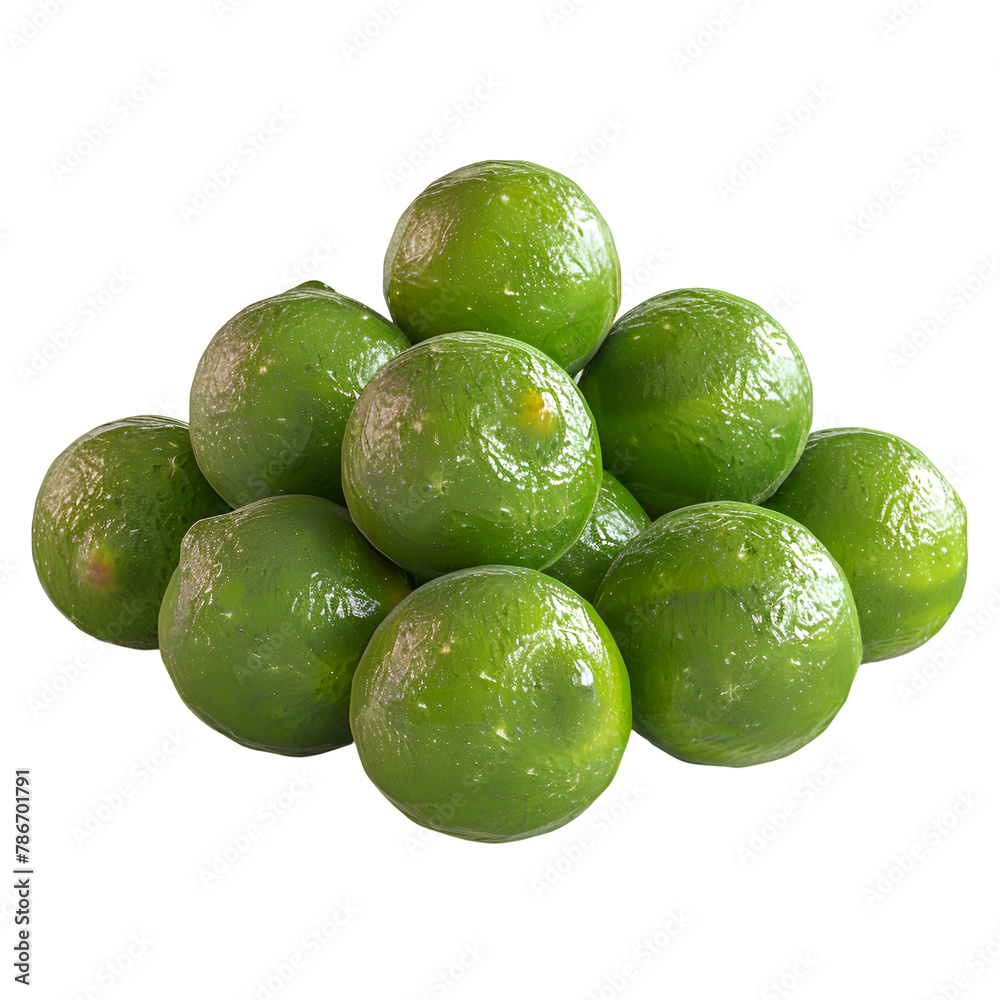 A detailed image of fresh limes, their bright green skin, small and zesty, isolated on a Transparent background, PNG Cutout A detailed image of fresh limes, their bright green skin, small and zesty, isolated on a Transparent background, PNG Cutout