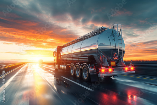 Rear view of a large shiny metal fuel tanker in motion on the road with sunset in the background with space for text or inscriptions 