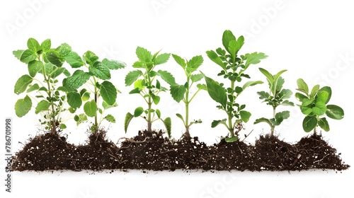 set of Young plants growing in soil humus . Isolated on a white background. 