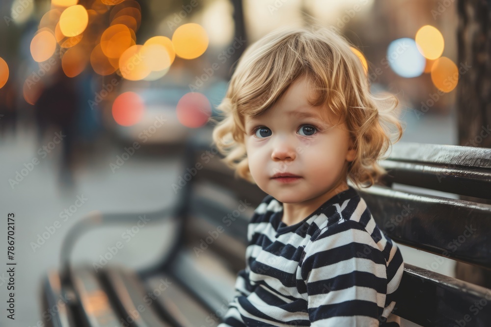 Portrait of cute baby boy sitting on a bench in the city. Portrait of cute baby boy sitting on a bench in the city.
