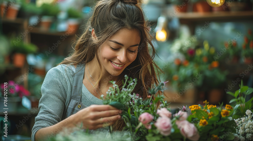 Smiling young woman admiring fresh flowers surrounded by greenery in a bright greenhouse setting.
