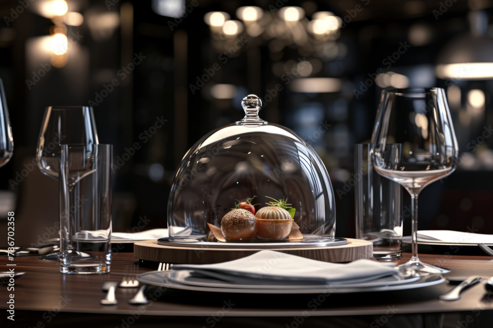 A dish in a restaurant covered with a glass cover with glasses on the table
