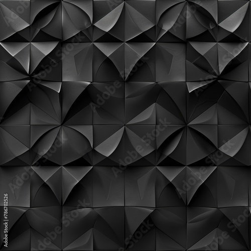 Abstract triangular mosaic tiles in dark black and anthracite gray concrete. Geometric fluted triangles create a textured wallpaper backdrop.