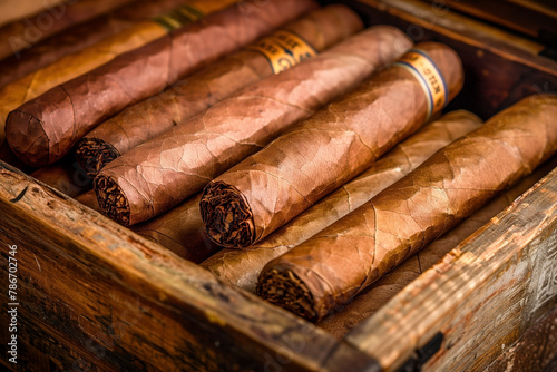 Close up of cigars in open wooden box photo