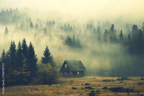 Misty landscape with fir forest and only one house in the middle, in vintage retro style © LifestyleArtist