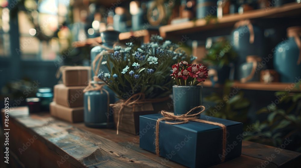 A table with a blue box, a vase with flowers, and a few other vases A table with a blue box, a vase with flowers, and a few other vases