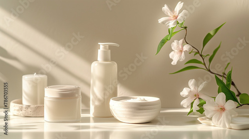 A table with a white background and a white bowl with a flower in it