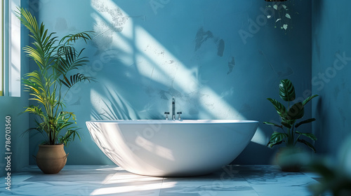 A white bathtub with a potted plant in front of it