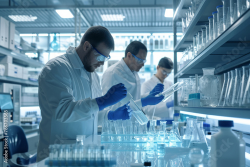 Group of scientists in laboratory doing experiments or discoveries and research on something in protective suit, goggles and gloves with test tubes and other chemical things, with place for text space