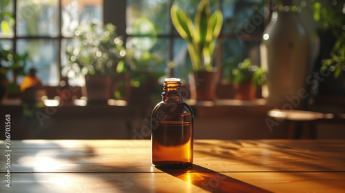 A bottle of essential oil sits on a wooden table in a room with plants