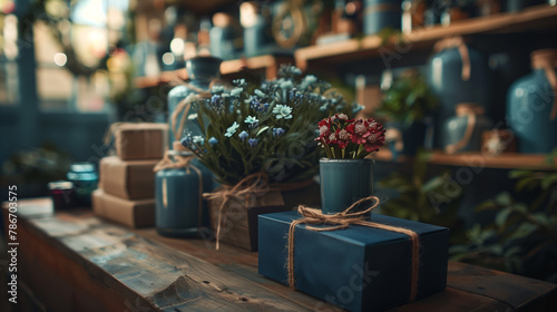 A table with a blue box  a vase with flowers  and a few other vases