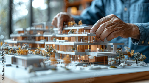 Close-up of an architect's hands working on a highly detailed architectural miniature model, complete with tiny trees and structures. 