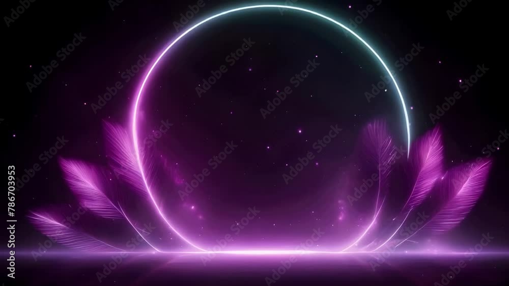 Ethereal neon circle and feathers in cosmic background, mysticism and technology, lofi music background, AI generated 4k, loop video.