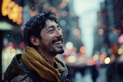 young happy and attractive Asian Chinese man with beard and mustache smiling cheerful and excited walking in New York city street at beautiful winter holidays in holidays concept © Igor