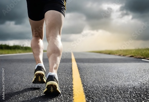 Person's lower legs and running shoes on an asphalt road with a yellow dividing line, cloudy sky in the background photo