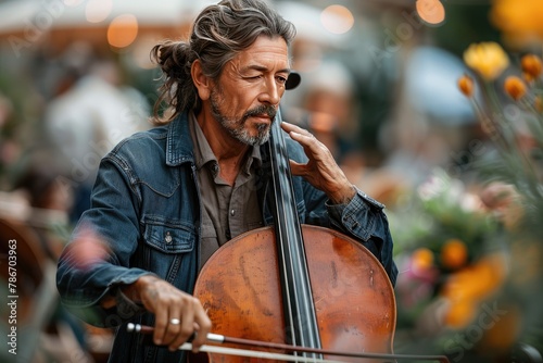 A man playing a cello in a field with flowers. The man is wearing a blue jacket and has a beard