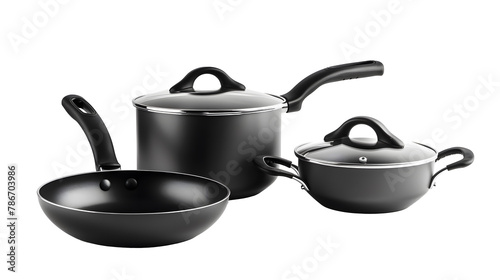non-stick cookware set, pots, pans, saucepans and utensils tools cooking isolated on white background, vector illustration. Kitchen icons objects elements for boiling and frying photo