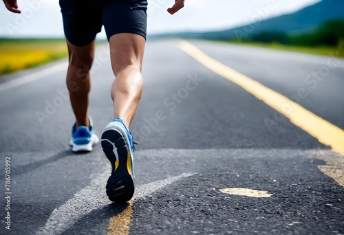 Person's lower legs and running shoes on an asphalt road with a yellow dividing line, cloudy sky in the background photo