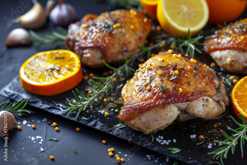 Baked turkey or chicken duck legs rubbed with spices baked as a dish on a dark slate close-up with elements of green rosemary and orange pieces
 photo